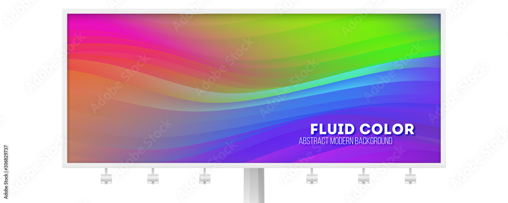 Billboard with colorful liquid shape. Stream of flowing pattern. Abstract background with gradient stripes. Flow of color ink. Template for dynamic design of cover, flyer. Vector illustration EPS10