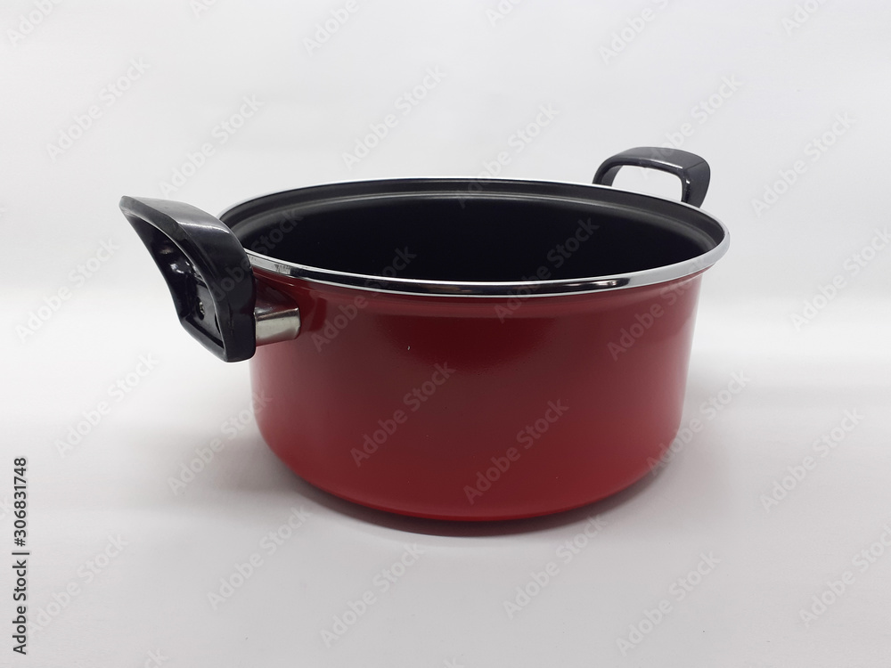 Elegant Luxury Modern Anti Sticky Silver Metallic Red and Black Colored Boiling Pan with Transparent Glass Cover Lid for Kitchen Cooking Appliances in White Isolated Background Elegant Luxury Modern Anti Sticky Silver Metallic Red and Black Colored Boiling Pan with Transparent Glass Cover Lid for Kitchen Cooking Appliances in White Isolated Background