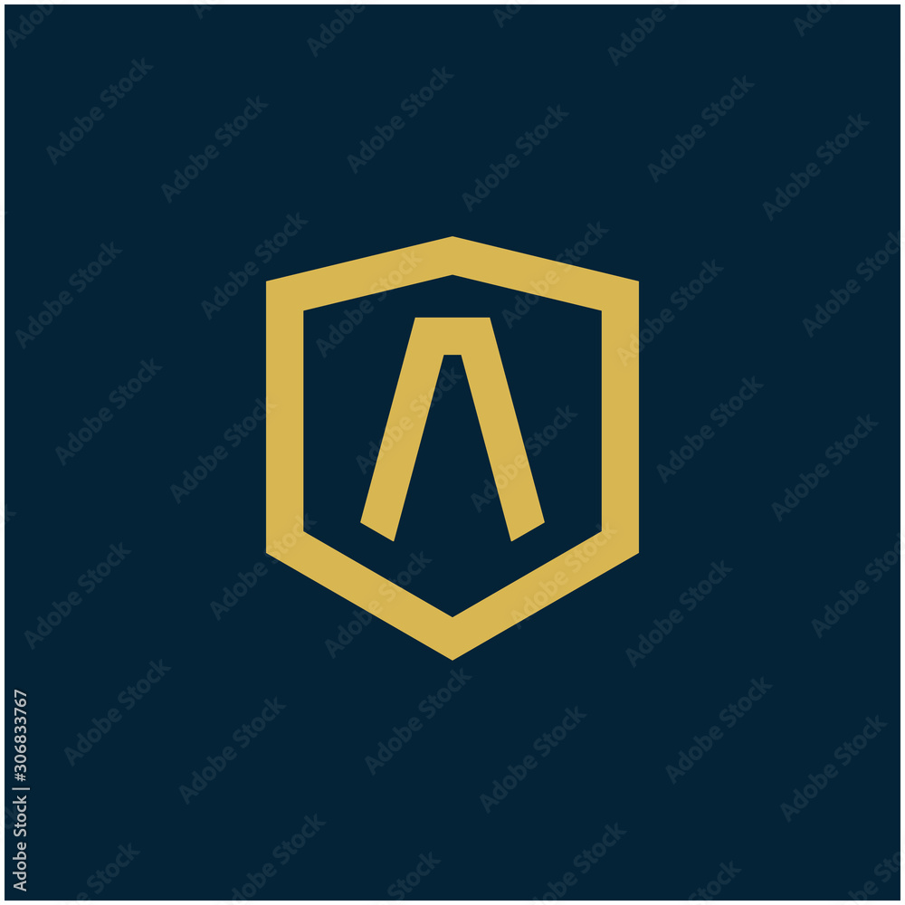 initial Letter A with Shield frame line art element. Shield Line geometry for Security logo. Logo Icon Template for Web and Business Card, Letter Logo Template on Black Background. - vector initial Letter A with Shield frame line art element. Shield Line geometry for Security logo. Logo Icon Template for Web and Business Card, Letter Logo Template on Black Background. - vector