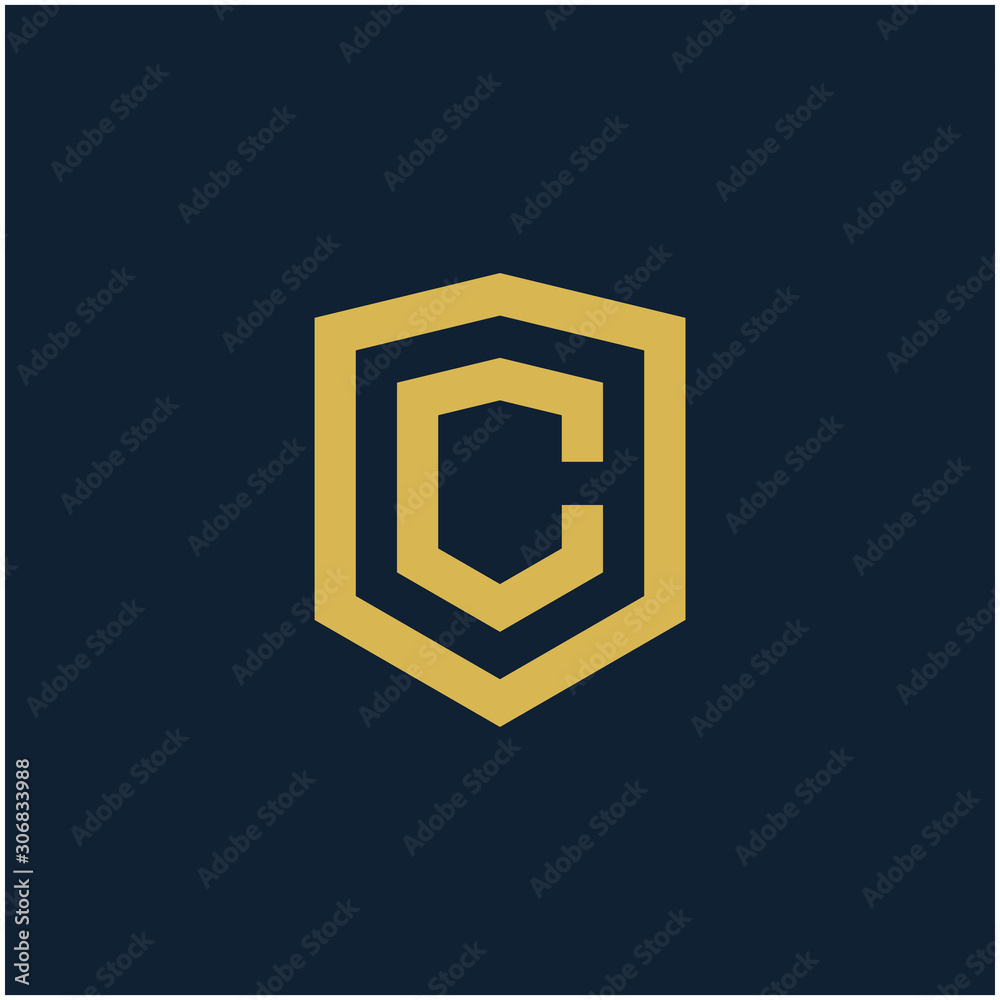 initial Letter C with Shield frame line art element. Shield Line geometry for Security logo. Logo Icon Template for Web and Business Card, Letter Logo Template on Black Background. - vector initial Letter C with Shield frame line art element. Shield Line geometry for Security logo. Logo Icon Template for Web and Business Card, Letter Logo Template on Black Background. - vector