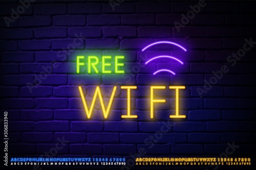 free Wifi neon sign vector. FREE Wifi text Design template neon sign, light banner, neon signboard, nightly bright advertising, light inscription. Vector illustration. Editing text neon sign
