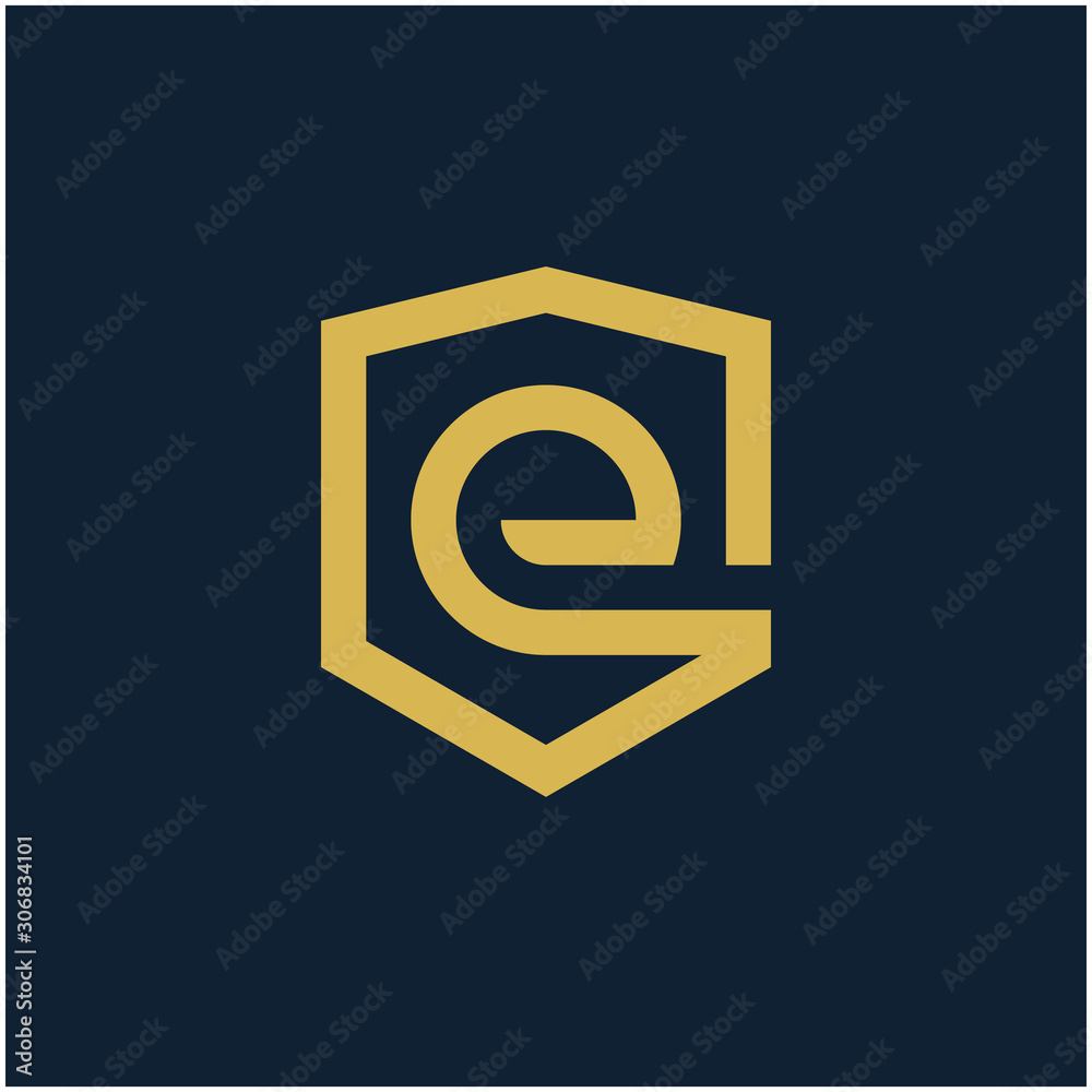 initial Letter E with Shield frame line art element. Shield Line geometry for Security logo. Logo Icon Template for Web and Business Card, Letter Logo Template on Black Background. - vector initial Letter E with Shield frame line art element. Shield Line geometry for Security logo. Logo Icon Template for Web and Business Card, Letter Logo Template on Black Background. - vector
