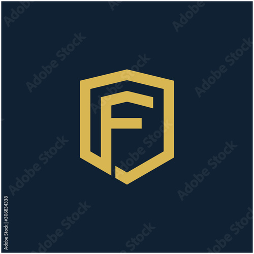 initial Letter F with Shield frame line art element. Shield Line geometry for Security logo. Logo Icon Template for Web and Business Card, Letter Logo Template on Black Background. - vector