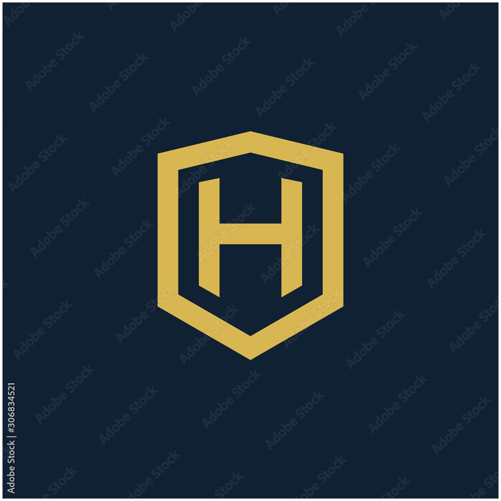 initial Letter H with Shield frame line art element. Shield Line geometry  for Security logo. Logo Icon Template for Web and Business Card, Letter Logo Template on Black Background. - vector