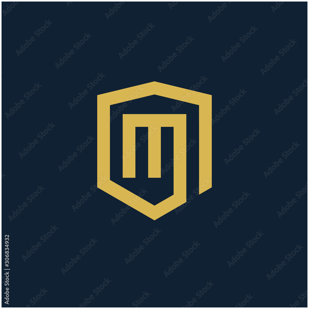 initial Letter M with Shield frame line art element. Shield Line geometry for Security logo. Logo Icon Template for Web and Business Card, Letter Logo Template on Black Background. - vector initial Letter M with Shield frame line art element. Shield Line geometry for Security logo. Logo Icon Template for Web and Business Card, Letter Logo Template on Black Background. - vector