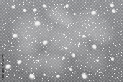 Realistic falling snow on transparent background. Vector illustration.