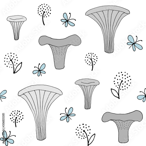 Seamless texture with forest mushrooms and hand drawn elements