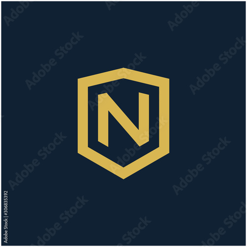 initial Letter N with Shield frame line art element. Shield Line geometry for Security logo. Logo Icon Template for Web and Business Card, Letter Logo Template on Black Background. - vector