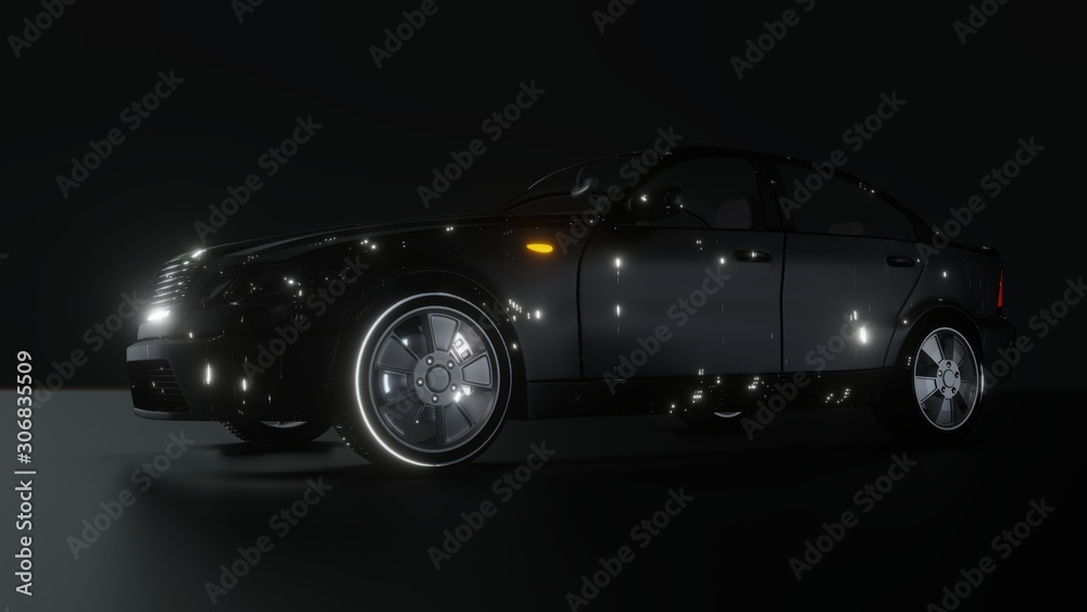 Black Brandless Car on Dark Background. 3D illustration