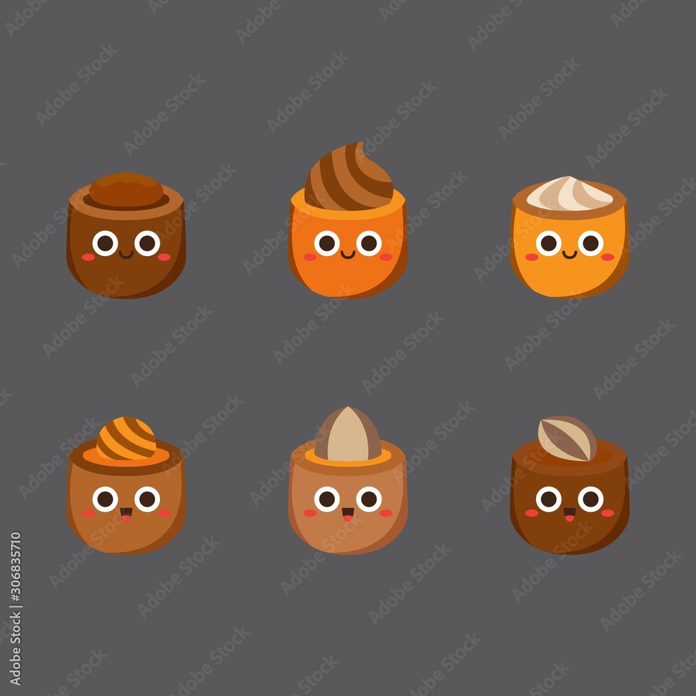 Chocolate cute candies, Flat Character, Vector illustration of different shapes and kinds of chocolate candies. 