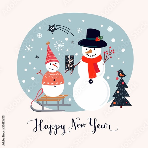 Christmas and New Year greeting card with snowmen, winter design