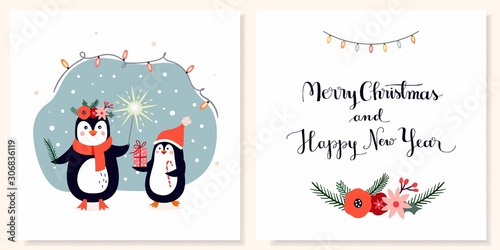 Christmas greeting cards set with winter design and hand lettering