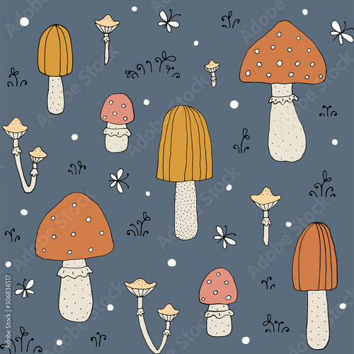 Seamless texture with forest mushrooms and hand drawn elements