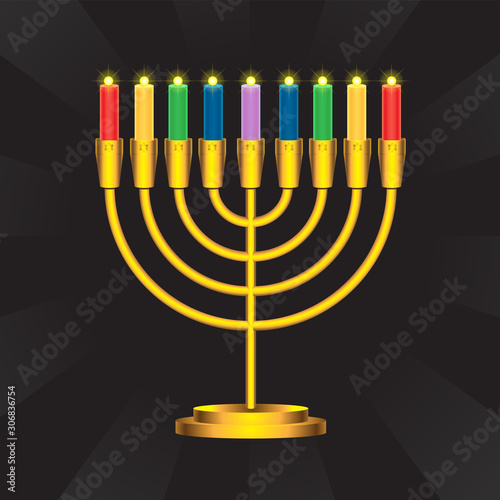 Golden menorah candlestick with burning multicolored candles on isolated black background. Vector image