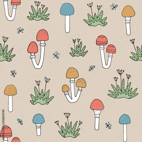 Seamless texture with forest mushrooms and hand drawn elements