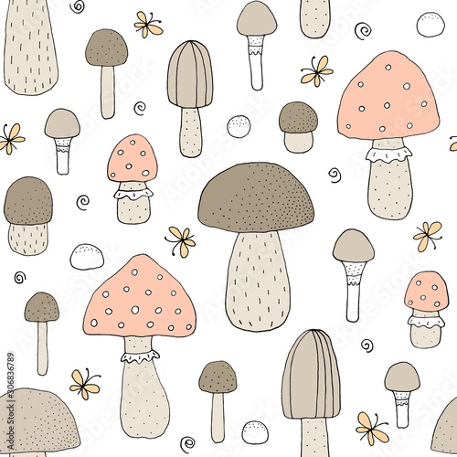 Seamless texture with forest mushrooms and hand drawn elements
