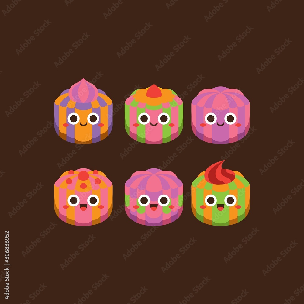 Cute pastel candies Flat Character ,Vector illustration of different shapes and kinds of chocolate candies. 