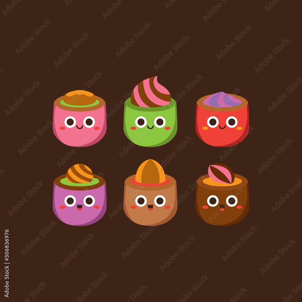 Cute pastel candies Flat Character ,Vector illustration of different