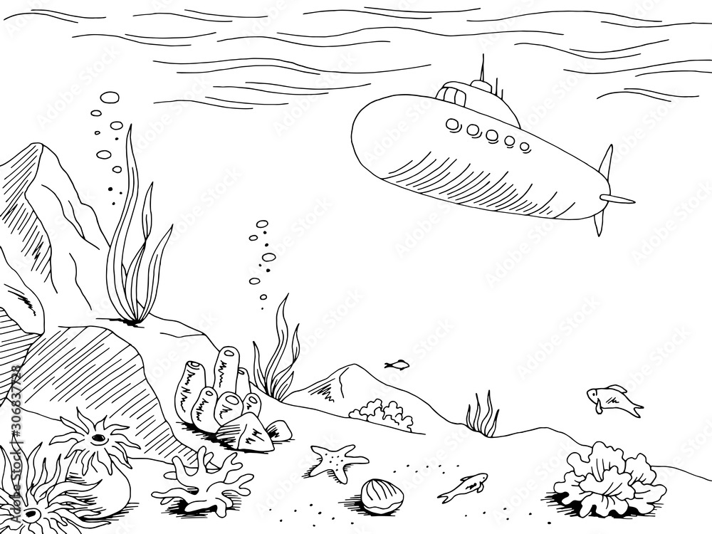 Underwater submarine graphic sea black white sketch illustration vector