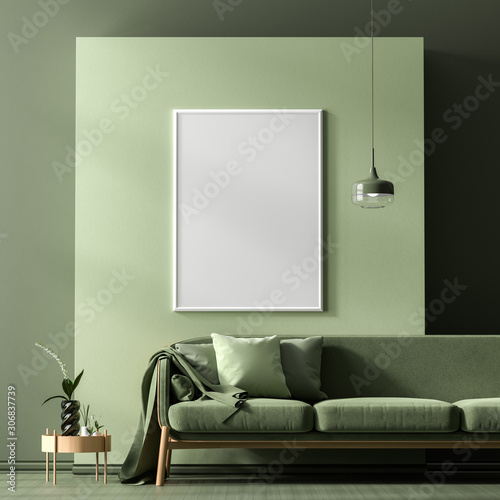 Fototapeta Naklejka Na Ścianę i Meble -  Mock up poster frame in Scandinavian style interior with modern furnitures. Minimalist interior design. 3D illustration.