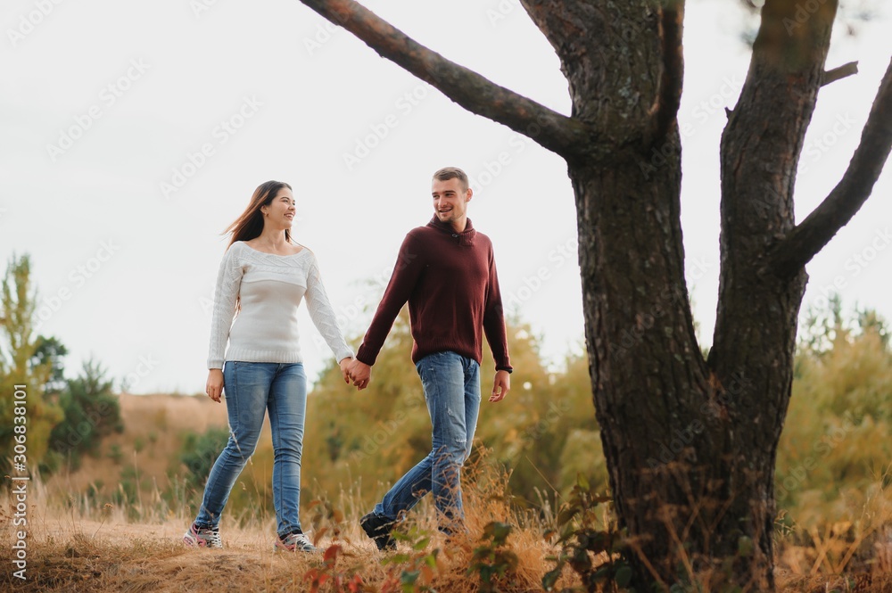 Beautiful young couple walking in autumn park. Beautiful young couple walking in autumn park.