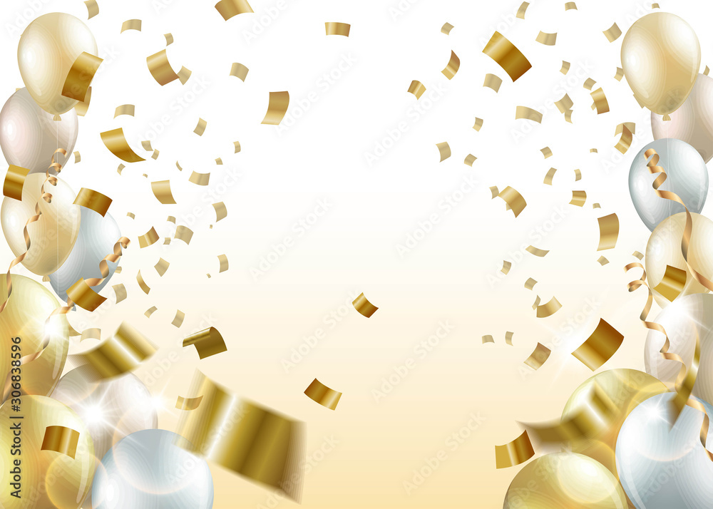 Celebration party with balloons, confetti, and streamer on golden background