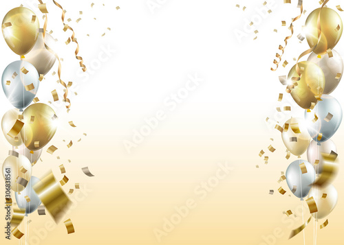 Celebration party with balloons, confetti, and streamer on golden background