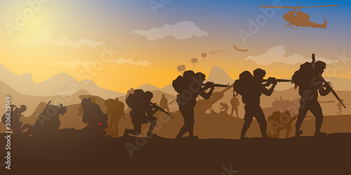 Fotografie, Obraz Military vector illustration, Army background, soldiers silhouettes