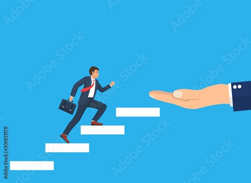 Business startup concept. Businessman running the stairs up to be success. vector illustration in flat style
