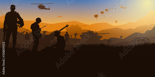 Military vector illustration  Army background  soldiers silhouettes. 