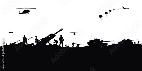 Military vector illustration, Army background, soldiers silhouettes.	