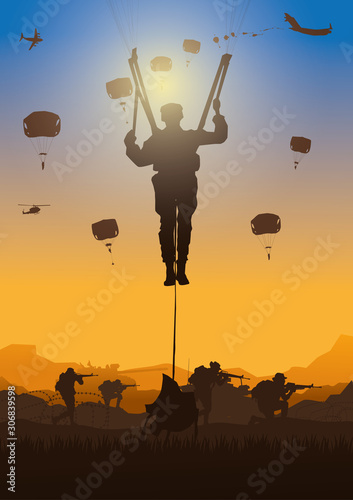Military vector illustration  Army background  soldiers silhouettes. 