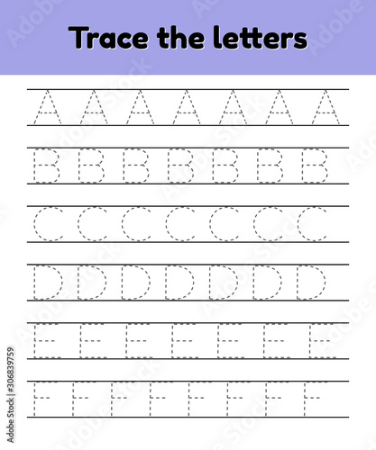 Trace line letters for kindergarten and preshool kids. Alphabet.