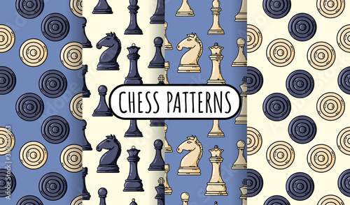 Set of vector black chess pieces seamless patterns. Collection of chess wallpapers. Vector flat illustration