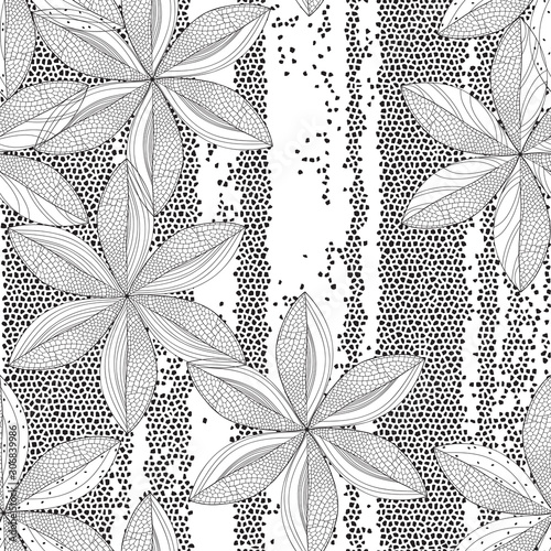 Seamless vector pattern with openwork flowers on texture background. Abstract floral background. Black and white.