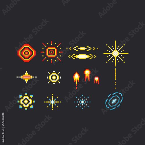Pixel art firework icon set.
