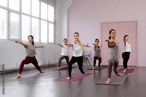 Group of people doing yoga warrior pose at gym or studio class with gesture of will. Fitness class, sport and healthy lifestyle concept