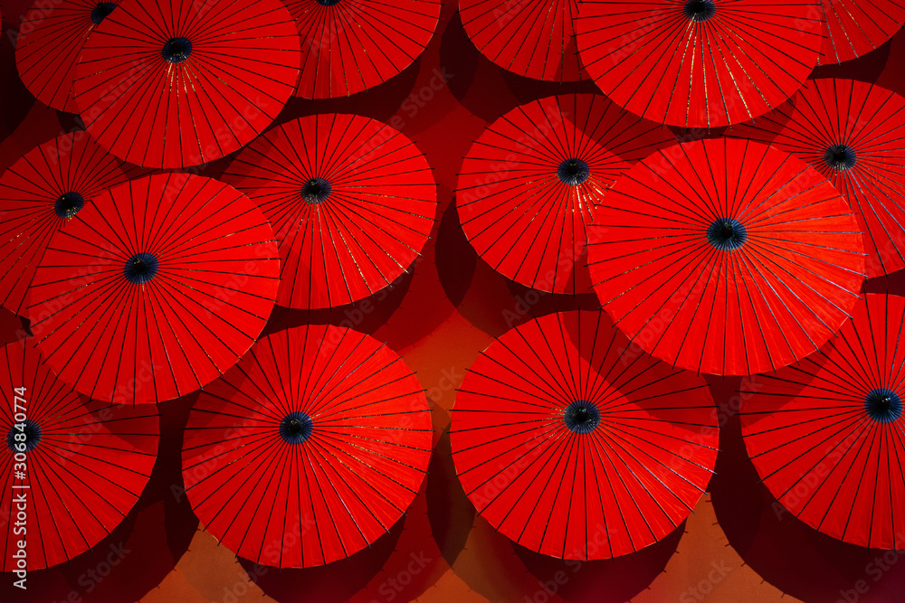 Red umbrellas capture an interesting display of Red patterns.