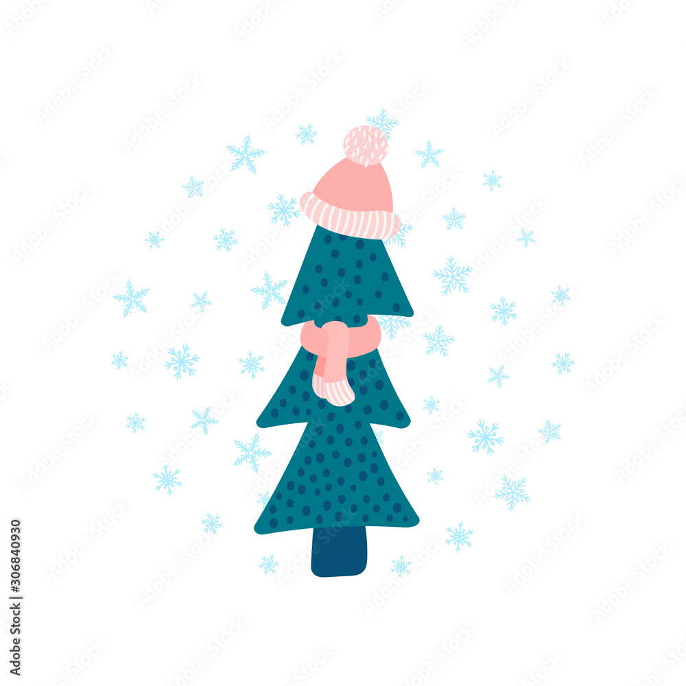 Cute hand drawn winter spruce with hat and scarf, snowflakes around isolated on white. Kid stylized Christmas tree, holidays fir concept. New Year Vector illustration for print, web, design, decor Cute hand drawn winter spruce with hat and scarf, snowflakes around isolated on white. Kid stylized Christmas tree, holidays fir concept. New Year Vector illustration for print, web, design, decor