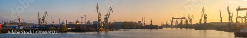 Industrial landscape. Cranes and gantries in the Szczecin shipyard.Panorama. photo