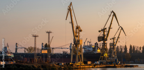 Industrial landscape. Cranes and gantries in the Szczecin shipyard.