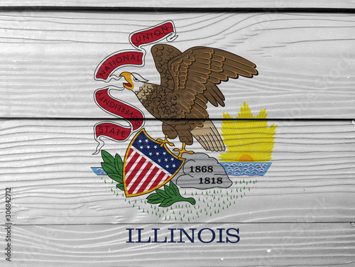 Illinois flag color painted on Fiber cement sheet wall background. Seal of Illinois on a white background.