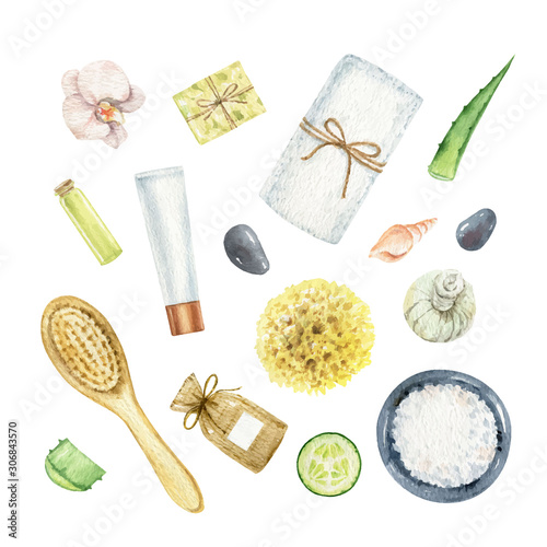 Watercolor vector Spa concept of cosmetic products.