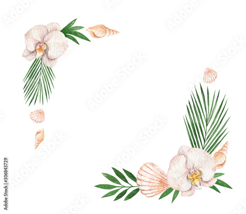 Watercolor vector frame with tropical leaves, Orchid flowers and shells .