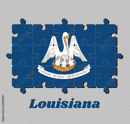 Jigsaw puzzle of Louisiana flag, a mother pelican "in her nest feeding her young with her blood" on an azure field with state motto. The states of America, Concept of Fulfillment.