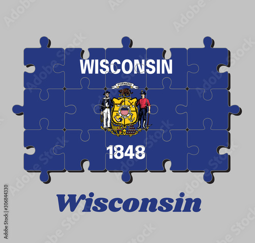 Jigsaw puzzle of Wisconsin flag, coat of arms on dark blue field with the name of the state and the date 1848. The states of America, Concept of Fulfillment.