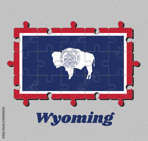 Jigsaw puzzle of Wyoming flag. The seal on American bison on blue with white and red. The states of America, Concept of Fulfillment.