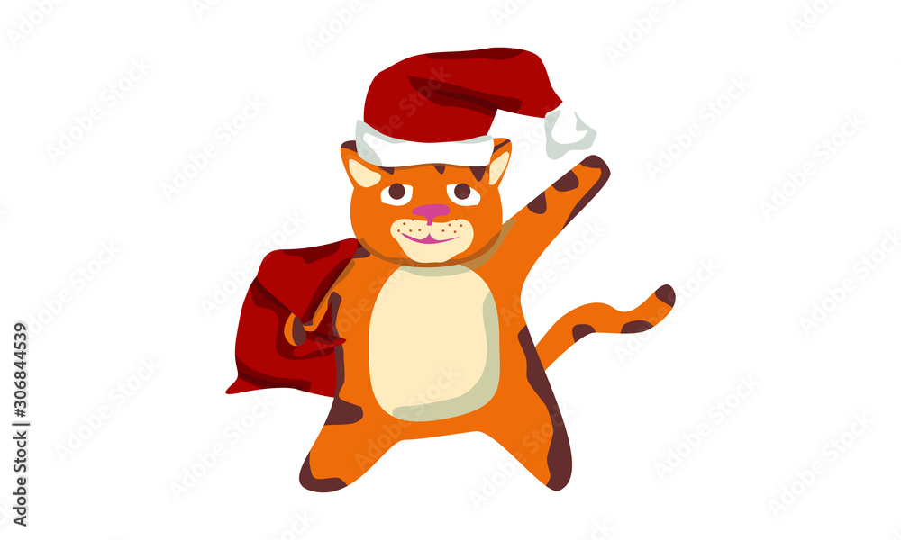 cute Santa cat carries gifts in a bag and says Hello. Christmas flat illustration. use it as a postcard or design any subject. happy holidays cute Santa cat carries gifts in a bag and says Hello. Christmas flat illustration. use it as a postcard or design any subject. happy holidays