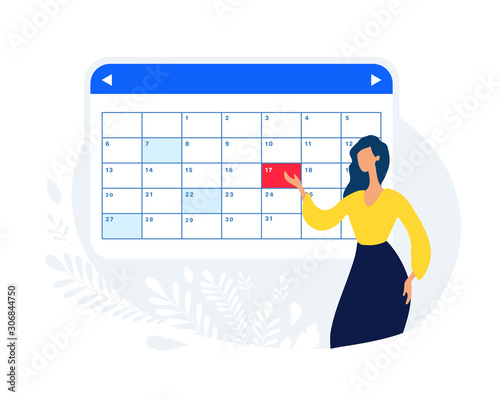 The cute girl is planning a meeting or work in the schedule. Natural background. A woman is making an appointment pointing to the date on the calendar. The concept of goal setting. Flat vector