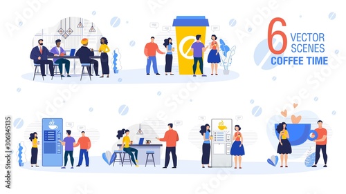 Coffee Time in Office Trendy Flat Vector Scenes Set Isolated on White Background. Company Employees, International Companies Business Partners, Entrepreneurs Team Together Drinking Coffee Illustration